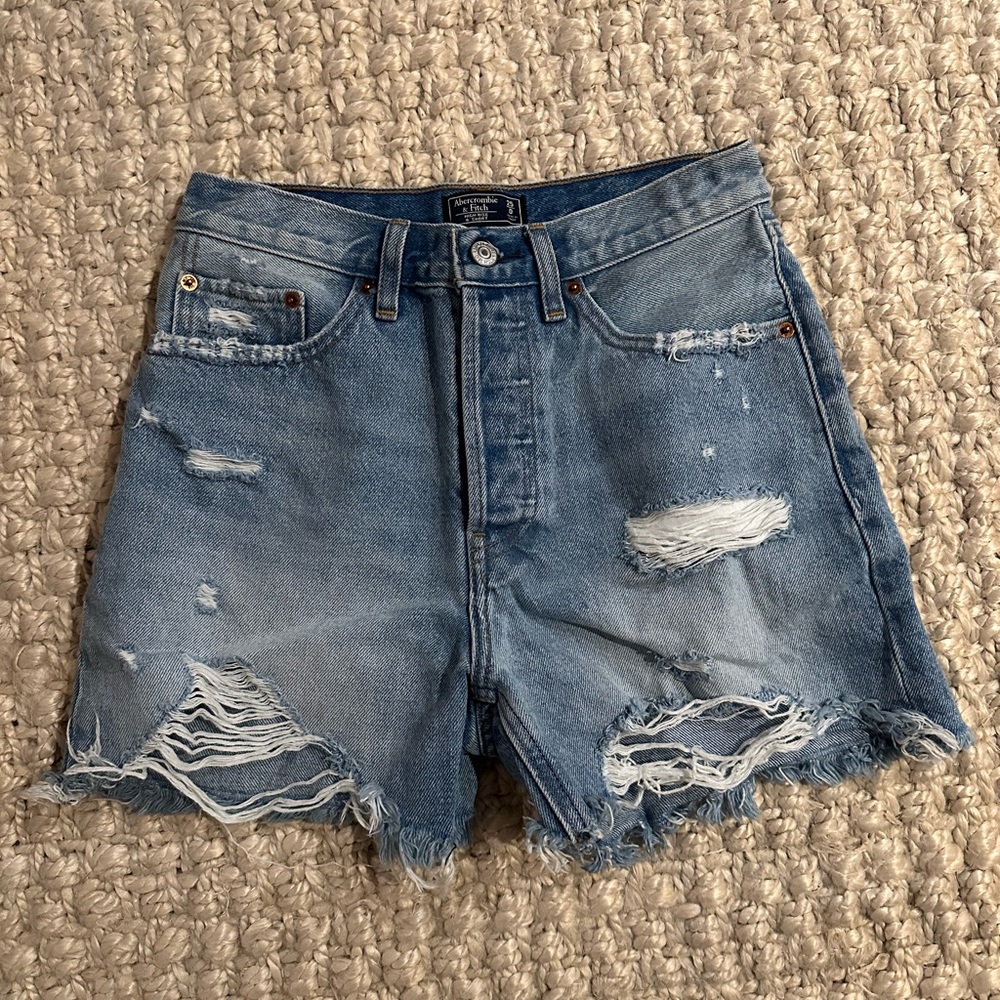 Abercrombie Jean Shorts- High Rise 4” Shorts with rips. Size 25